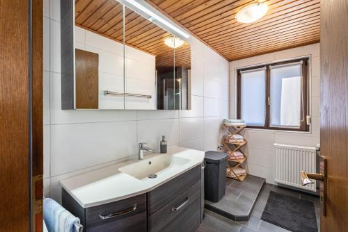 a bathroom with a sink and a mirror at Am Wehrastrand App Eg in Todtmoos
