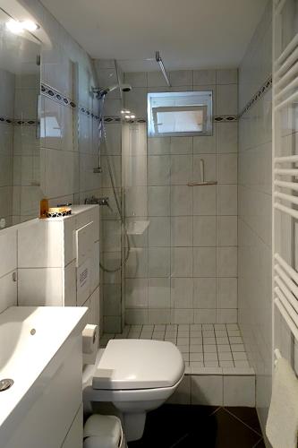 a white bathroom with a toilet and a shower at Ferienwohnung Achterndiek in Galmsbüll