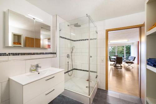 a bathroom with a shower and a sink at Ferienwohnung Gäufelden 120 Qm in Gäufelden