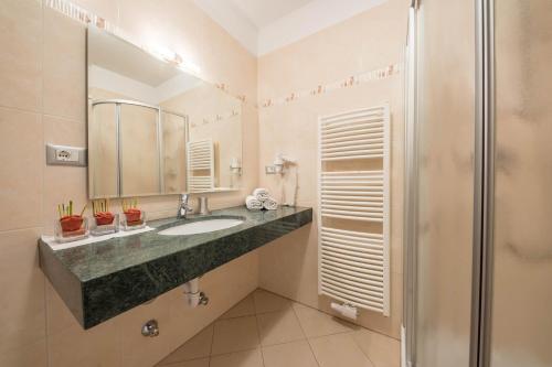 a bathroom with a sink and a shower at Tischlerhof - Typ B mit Balkon in Tirolo