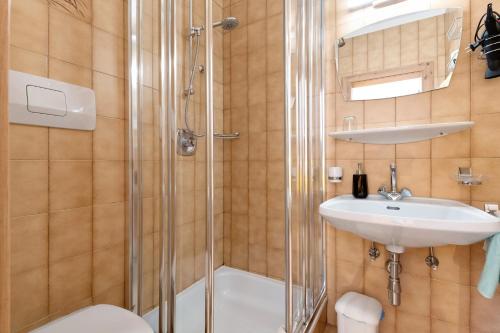 a bathroom with a shower and a sink at Veltierhof Villnöß in Funes
