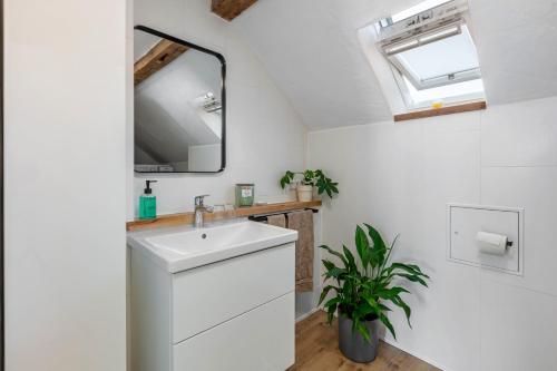 a bathroom with a sink and a mirror at Ferienwohnung am Blitzgi in Wehr