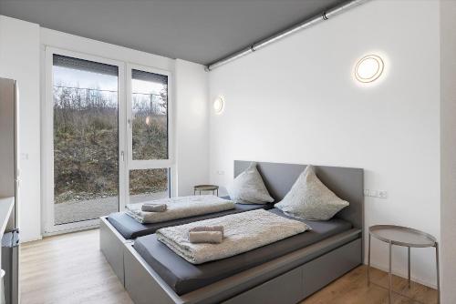 ein Zimmer mit einer Couch und zwei Kissen darauf in der Unterkunft Boardinghouse27 in Dußlingen