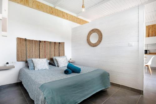a bedroom with a bed and a mirror on the wall at Suite Amanecer in Mácher
