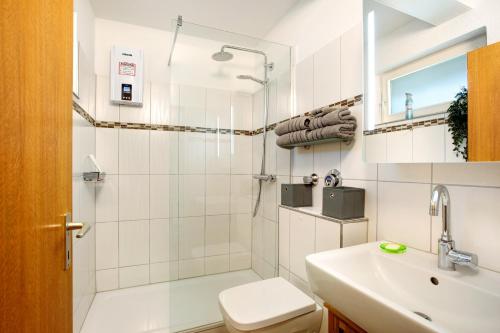 a bathroom with a shower and a toilet and a sink at Fewo Kleine Auszeit in Brilon