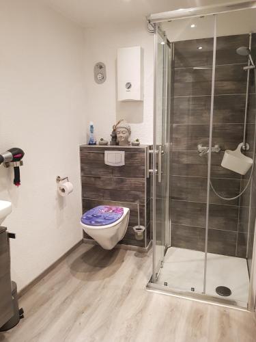 a bathroom with a toilet and a glass shower at Lila Pause in Ellweiler