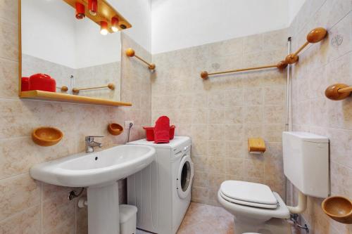 a bathroom with a toilet sink and a washing machine at The Waterfall Chalet in La Salle