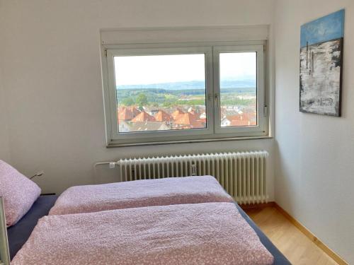 a bedroom with a bed and a large window at Dmon-Home in Tettnang