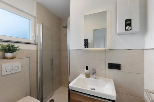 a bathroom with a sink and a glass shower at Sauerland Oase in Meschede
