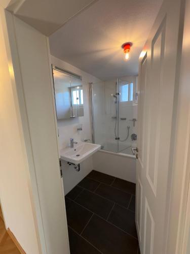 a white bathroom with a sink and a shower at Auerer Retreat in Frauenau