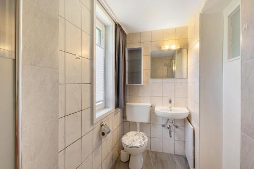 a bathroom with a toilet and a sink at Ferienhaus Grobbel in Eslohe