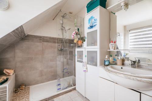 a bathroom with a shower and a sink at Les chambres de Florence in Saint-Jouan-de-lʼIsle