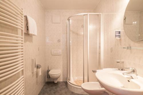 a bathroom with a shower and a sink and a toilet at Apartment Enzian - Mesnerhof in Sand in Taufers