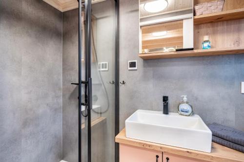 a bathroom with a sink and a shower at Tiny House Ingo John 'Vanessa' in Sandstedt