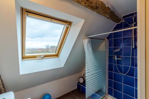 a bathroom with a shower and a window at Chambres d'hôtes Exotique in Saint-Jory-las-Bloux