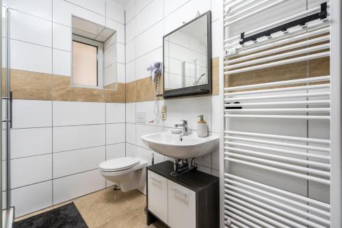 a bathroom with a sink and a toilet at Gera Apartment in Gera