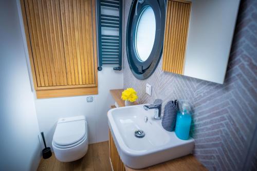 a bathroom with a sink and a toilet at Naturerlebnis Hausboot Frigga Woma in Fürstenberg
