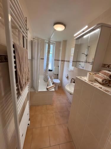a bathroom with a sink and a toilet and a tub at Heiderast Wipperau in Oetzen
