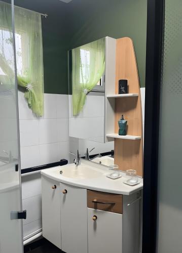 a bathroom with a sink and a mirror at Pause Tranquille - Chambres d'hôtes in Sablé-sur-Sarthe
