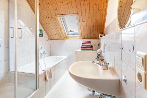 a bathroom with a sink and a shower at Ferienhaus Mülhaupt in Ühlingen-Birkendorf