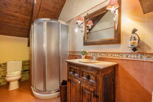 a bathroom with a shower and a sink and a toilet at Casa Perico in Borrastre