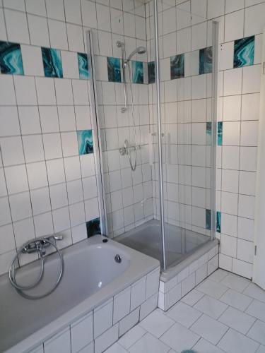 a bathroom with a shower and a bath tub at Haus im Grünen in Calau