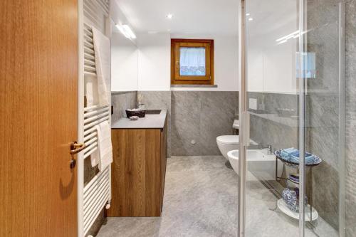 a bathroom with a toilet and a glass shower at Appartamenti Vittoria Bilo in Valfurva