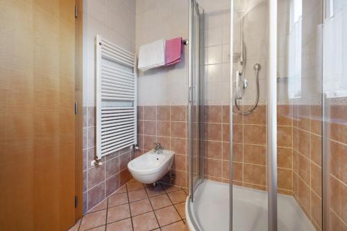 a bathroom with a shower and a sink and a toilet at Apartments Antersi Claudia in San Vigilio Di Marebbe