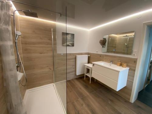 a bathroom with a sink and a glass shower at Ferienwohnung Auf dem Hohm in Holssel