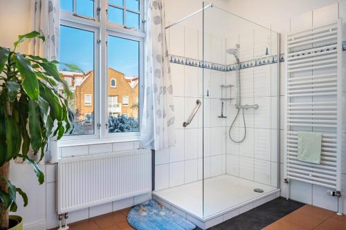 a bathroom with a shower and a window at Haus Übersee Wohnung Timbuktu in Travemünde
