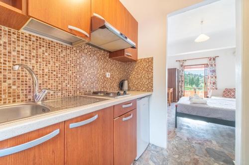 a kitchen with wooden cabinets and a sink at Arianna Studio Ground Floor 5 in Paleokastritsa