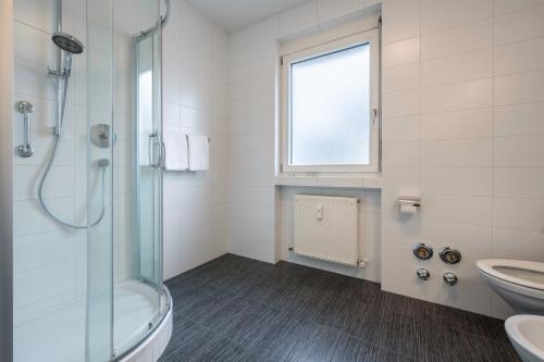 a bathroom with a shower and a sink and a toilet at Avia Living in Brunico