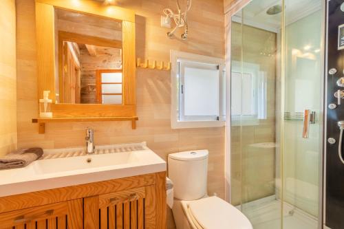 a bathroom with a shower and a toilet and a sink at Moli in Oden