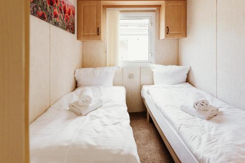 two beds in a small room with a window at Villa Hexenaltar in Thale