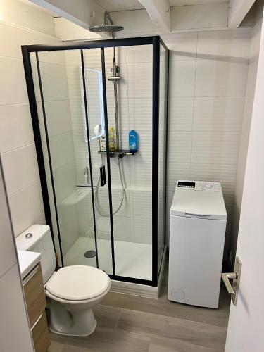 a bathroom with a toilet and a glass shower at Superbe Appartement Vue Océan in Capbreton