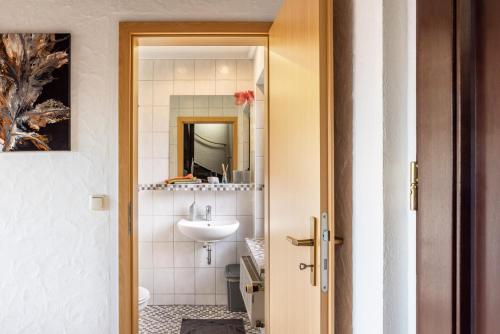 a bathroom with a sink and a mirror at Ferienhaus Felsenblick in Rippershausen