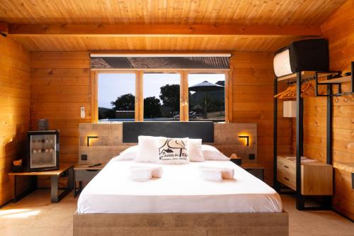 a bedroom with a large bed and a television at Les Chalets De Tesa in Occhiatana