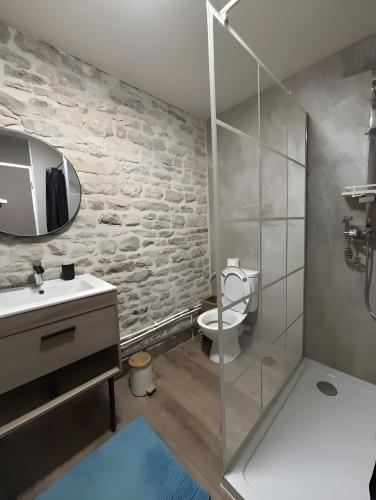 a bathroom with a toilet and a glass shower at Gite de scène in Chamesson