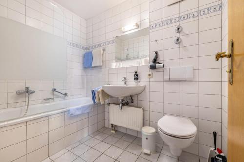 a bathroom with a toilet and a sink and a tub at Fewo Brünnstein - Nr 61 Pool, Sauna in Oberaudorf