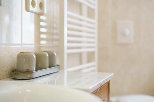 a bathroom with a sink and two jars on a counter at Haus Grün in Templin