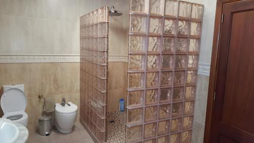 a bathroom with a toilet and a shower with glass doors at Casa las Columnas in Capdepera