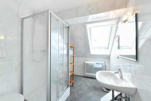 a bathroom with a glass shower and a sink at Dinkelbach Landhaus 1 B in Lindau-Bodolz