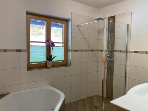a bathroom with a tub and a sink and a window at Urlaub bei Schönwetter in Raumberg