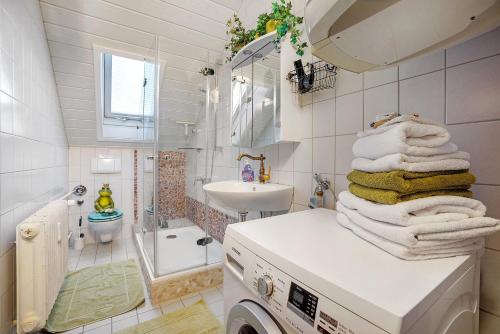 a bathroom with a sink and a washing machine at Comic Fantasy in Lindau