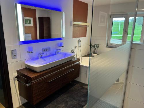 a bathroom with a sink and a glass shower at Ferienhaus Frank Grieser in Hopferau