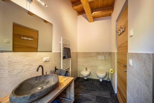 a bathroom with a large sink and a toilet at Kreuzplonhof Apt Dorfblick in Luson
