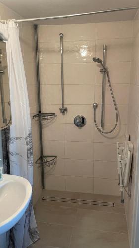 a bathroom with a shower and a sink at Ferienwohnung Unter Linden in Bad Bocklet