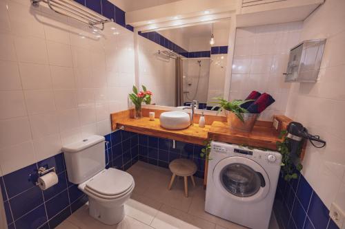 a bathroom with a toilet and a sink and a washing machine at Holidays Maxorata Relax in Gran Tarajal
