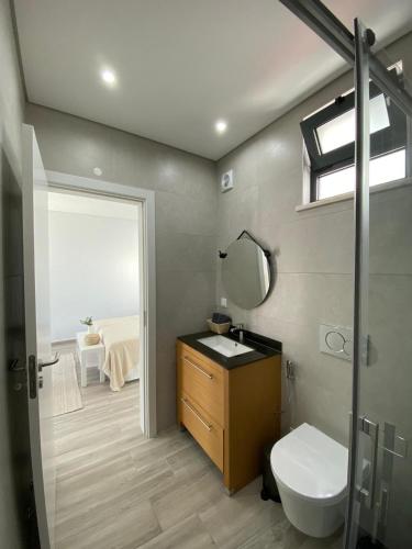 a bathroom with a toilet and a sink and a mirror at Apartment T2 Olhão in Olhão