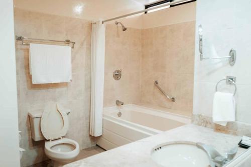 a bathroom with a toilet and a tub and a sink at Cumbres Hotel y Cabañas in Gómez Farías